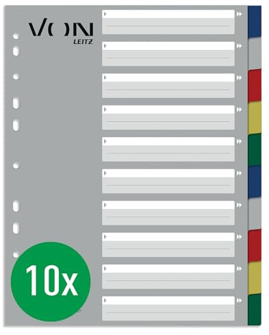 VON Leitz 10er Pack 10-teiliges Register A4, Trennblätter für Ordner, PP, Extra breit, 11-Loch-Universalregister für Schnellhefter & Ringbücher, Mehrfarbig, 12270000