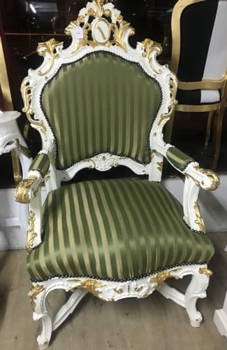 Casa Padrino Barock Luxus Thron Sessel Grün/Gold Streifen/Weiss/Gold - Unikat - Barock Möbel Thron Königssessel - Limited Edition