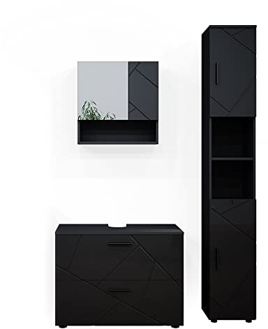 Vicco Badmöbel-Set Irma, Anthrazit Hochglanz, 80 cm | besteht aus Waschbeckenunterschrank, Spiegelschrank und Hochschrank