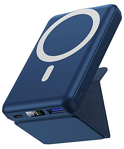 Yiisonger Batterie Externe Magnétique, Compatible avec MagSafe, 10000mAh Power Bank Charge Rapide PD 22.5W avec Support Pliable, Affichage LED, Compatible iPhone 16/15/14/13/12/Pro/ProMax(Bleu)