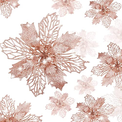 KAHEIGN 36Pcs Weihnachtsbaum Glitzer Blumen Rosegold Weihnachten Glitzer Weihnachtsstern Blumen Kunstblumen, 7,5/10/15 cm Weihnachtsbaum Ornament Weihnachten Blumen Dekor Ornament
