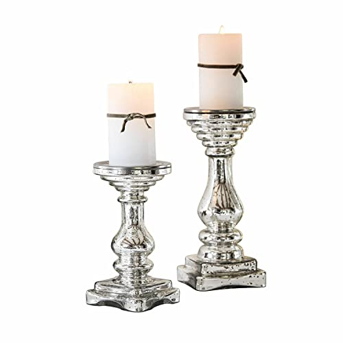 Loberon Kerzenständer 2er Set Heloise, Zwei Größen, Elegantes Bauernsilber-Finish, romantische Atmosphäre, für Stumpenkerzen, Kerzenhalter, Kerzenleuchter, Glas, Stahl, antiksilber