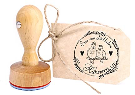 Stempel Eier von glücklichen Hühnern - Motiv 2 Hühner Vintage Kranz Herzen - Rundstempel Eierstempel - 39x37 mm Natur