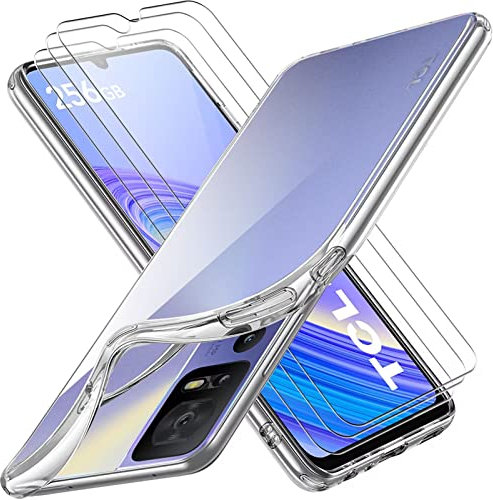 KZIOACSH Clear Case for TCL 40 SE, Flexible Soft Shockproof Anti-Fall Transparent Bumper Cover Ultra-Thin Fit Anti-Scratch Phone Case with 3 Tempered Glass Screen Protector for TCL 40 SE