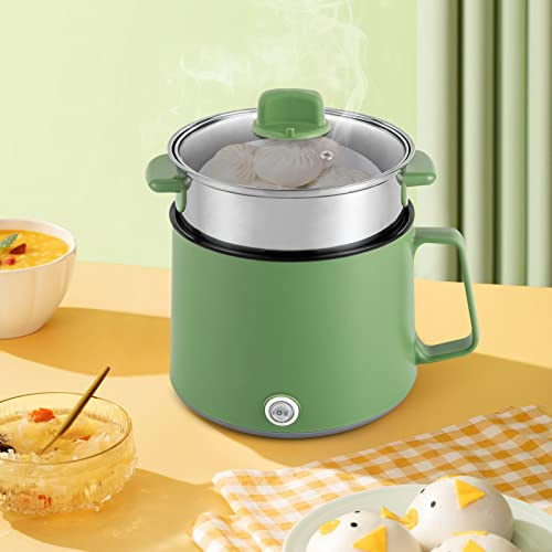 Electric Hot Pot 1.7L Mini Electric Cooker Noodles Pot with Steamer,for Soup Porridge Stew Dumplings Eggs,Dual Power 300W & 600W (Green)