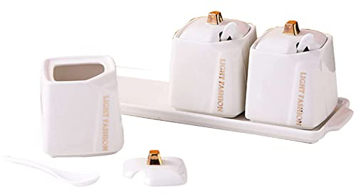 Sucrier de style européen avec couvercle et cuillère, lot de 3 pots à sucre, pot à épices for récipient à sucre, pot à assaisonnement for pot à sel, boîtes à sucre en céramique colorées for café-gris-