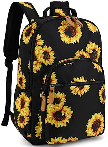 Leaper Wasserabweisender Schulrucksack mit Blumenmuster, Reisetasche, Büchertasche, Damentasche, Schwarz-Sonnenblume, Large-15.6, Traditionelle Rucksäcke