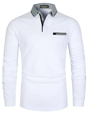 VHUQGVU Mens Stylish Polo Cotton Long Sleeve Contrasting Color Regular Top Golf Shirt,White,L