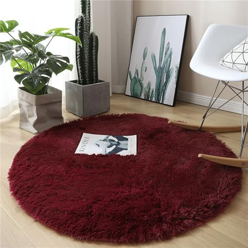 Hiseng Teppich Rund Flauschiger Waschbar, Hochflor Plüsch Weicher Teppich Wohnzimmer Teppich Modern für Innen Wohnzimmer Flur Läufer (160cm,Weinrot)