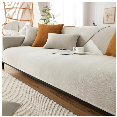 NUODWELL Chenille-Sofabezug mit Fischgrätenmuster, 1/2/3/4-Sitzer, Möbelschutz, Couchbezug, universal, rutschfest, L-Form, Couchbezug, gesteppte Eckenschonbezüge für Wohnzimmer (Beige, 70 x 150 cm)
