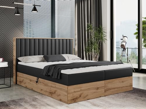 MKS MEBLE Boxspringbett 180x200 mit Bettkasten Holz Holzrahmen, Boxbett 180x200 mit Matratze H3 und Kopfteil - Schwarz Kunstleder - Albero-4