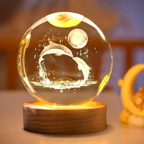 3D Kristallkugel Nachtlicht Schlummerleuchten,Nachttischlampe Glaskugel Blume im Glas Ornamente Nachtlichter mit LED Lampensockel USB,Valentinstag Geschenke für frauen Haus Büro Deko (Delphin)