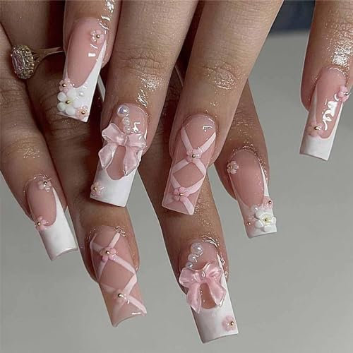 24-PCS French Pink Bow Press on Nails,Long Length Square Coffin Fake Nails with Cute 3D Flower Design,Rhinestone Glossy and Full Cover Acrylic False Nails for Valentine’s Day,Wedding,Party