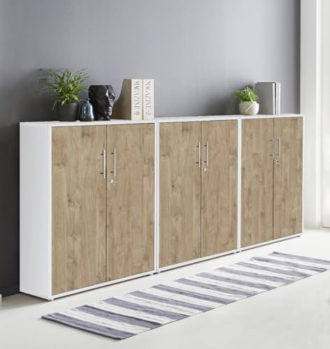 Schrankwand TABOR 9 Büroregal Aktenschrank Büroschrank abschließbar in diversen Farbvarianten (weiß/Gold Harbor Oak, 6-türig)