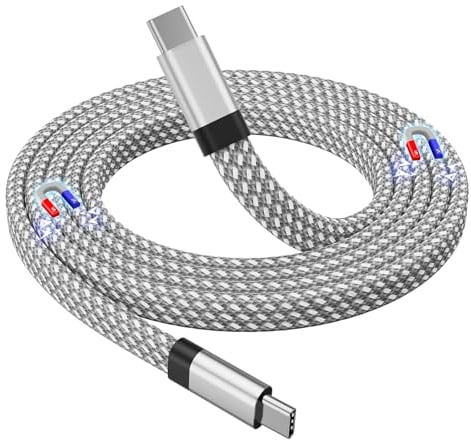Magtame USB C Cable, Magnetic USB C to USB C Cable 60W(3A), Flat Coiled USB C Cord 3.3ft, Nylon Braided Type C Fast Charging Cable Compatible for USB C Device for Pad for Samsung Galaxy, Silver