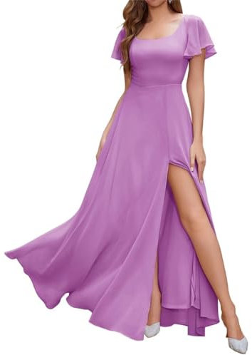 Vestidos largos de gasa para dama de honor con abertura, manga corta, acampanados, vestidos de noche formales para mujer, invitadas de boda, Lila, 54 Más