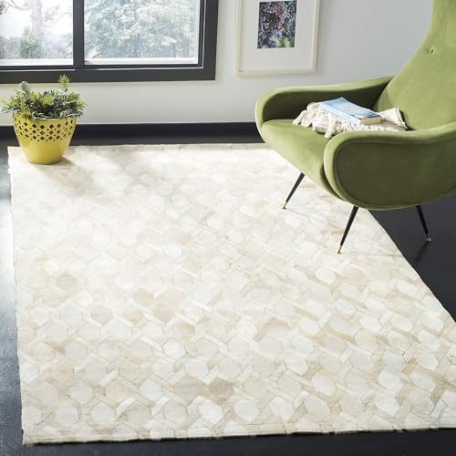 RXRENXIA 100% echtes Leder handgefertigter Rindsleder-Teppich Patchwork-Hausdekoration Western-Süd-Unikat Boho-Elfenbein natürliches Kuhfell Kuhfell-Teppich,8x10ft