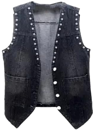 Bqxxdeo Damen-Jeansweste mit koreanischen Nieten, für Frühling und Herbst, ärmellos, Vintage, lockere Jeans-Weste, Schwarz , 36