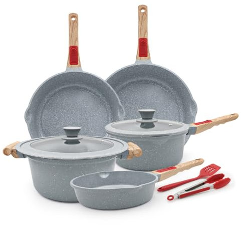 AIKENBBKK Juego de ollas y sartenes de cerámica de 9 piezas, sartén con tapa 20/24/28cm, cacerola 20cm, olla 4.7L, juego de ollas con revestimiento cerámico antiadherente y mango extraíble- Azul