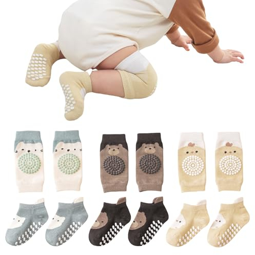 Mezrkuwr 3 pares de rodilleras para bebés y 3 pares de calcetines para bebés Juego de gateo para bebés, antideslizantes con puntos de goma, almohadillas para gatear, puños
