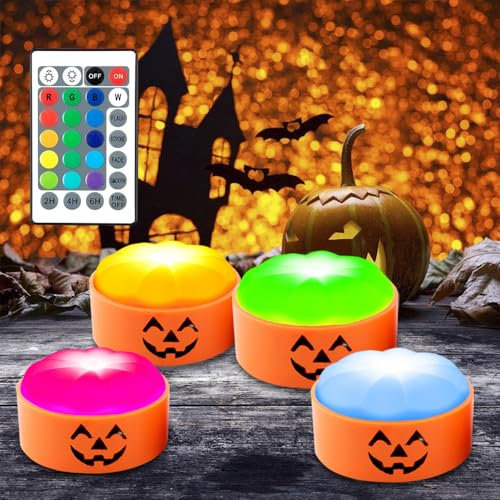 KUWUNG Halloween Kürbis LED-Lichter - 4 Stück Mit Timer Und Fernbedienung, 16 Farben, Outdoor Flammlos Batteriebetrieben - Deko Licht