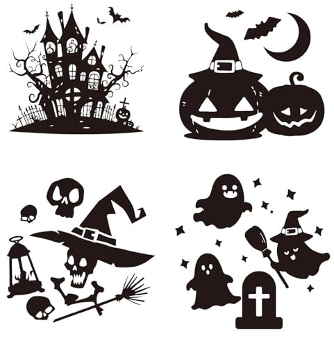 GORGECRAFT 4 Estilos Etiqueta Decorativa para Ventana de Halloween Murciélagos Cráneo Calabaza Mágica Fantasma Alerta Anticolisión Calcomanía para Ventana Se Adhiere Sin Pegamento Silueta Extraíble