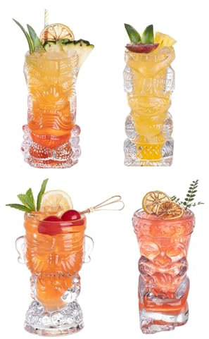 HOUSN Tiki-Becher-Set,4 Stück Tiki-Gläser für Cocktails tropischen Keramikbechern Hawaii Tiki Party Kreative Cocktail Glas Bar Drinkware Premium Tropical Exotic Barware,Clear