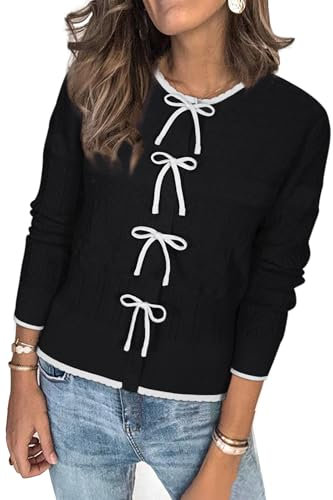 Arach&Cloz Black Cardigans for Women UK Bow Tie Jumpers Elegant Crewneck Knitwear Sweaters Tops Black L