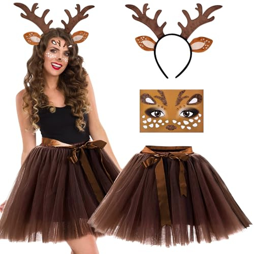 Vibbang Reh Kostüm Damen, Rentier Kostüm Erwachsene, Faschingskostüme Damen, Tierkostüme mit Tüllrock Braun, Reh Gesichtstattoo, Geweih Haarreif, Fasching Karneval Cosplay Mottoparty