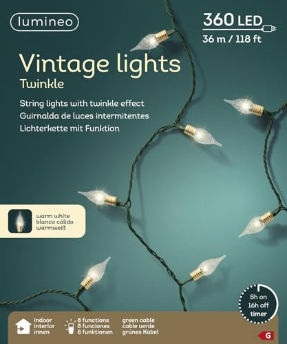Lumineo Lichterkette Vintage Lights Twinkle warm weiß - 360 LEDs - 35,9 Meter - grünes Kabel - Indoor - Timer - 8 verschiedene Lichtfunktionen