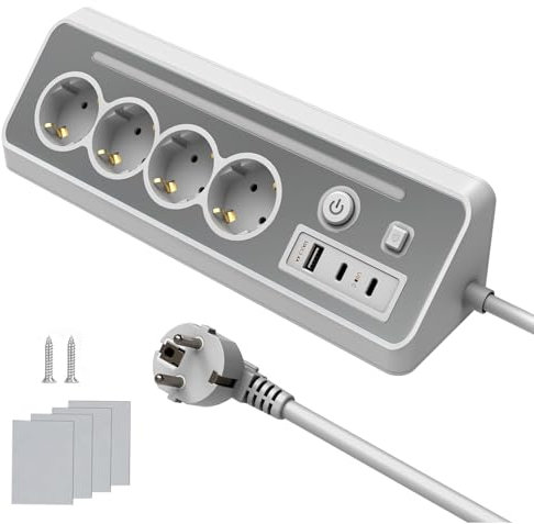 KS Multiple Socket with Switch, 4-Way Power Strip with USB and LED Night Light, Table Socket, Stainless Steel Front Plate, Corner Socket, Surge Protection Power Strip for Kitchen (1.5 m)