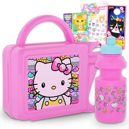 Hello Kitty Lonchera para niñas – Paquete con lonchera Hello Kitty con botella de agua Hello Kitty más calcomanías, tatuajes, más | Juego de recipientes de lonchera Hello Kitty