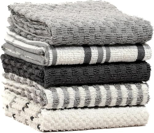 BLOOM BLENDS 5-Pack Terry Cotton Kitchen Tea Towels | Super Absorbent, Quick-Drying, and Soft Dishcloths for Everyday Use | Durable & Machine Washable Towel Set (Grey)