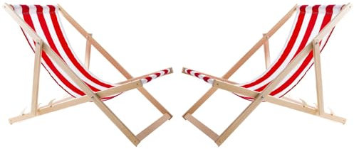 WOODOK 2-er Liegestuhl Set aus Buchholz Strandstuhl Sonnenliege Gartenliege für Strand, Garten, Balkon und Terrasse Liege Klappbar bis 120kg (Rote Streifen)