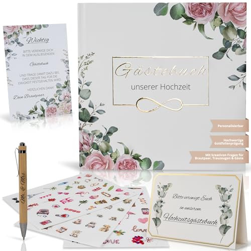 Prio Family Premium Gästebuch Hochzeit mit Fragen zum Ausfüllen, Tischkarten, Stickern, Stift, Aufsteller, edle Gold Prägung, 50+ Gäste, 21x21cm, Erinnerungen für die Ewigkeit (Rosa + Eukalyptus Set)