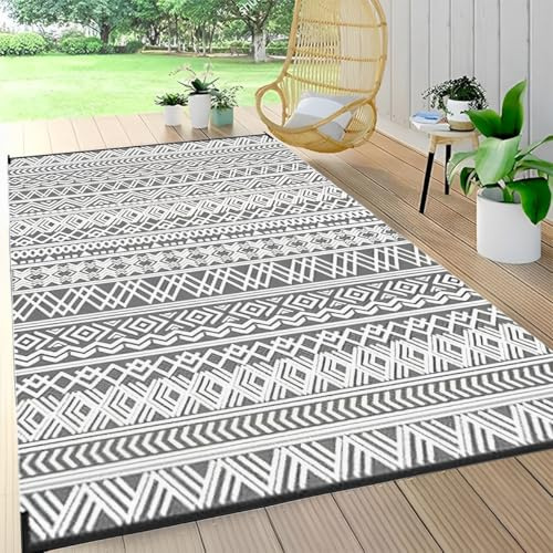 Hiseng Outdoor Teppich Wetterfest Balkon Camping Teppich, Grau Bohème-Stil Wendbarer Kunststoff Stroh Außenteppich, Wasserfest Tragbare Terrasse Garten RV Matte Picknickdecke (Grau,152x244cm)