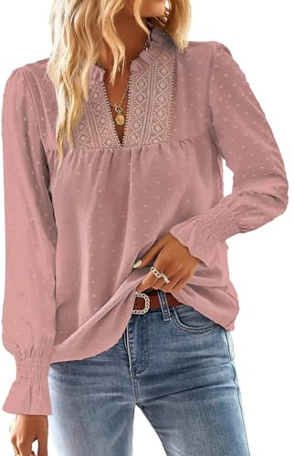 TUUHAW Abbigliamento Donna Autunno Pizzo Elegante Bluse con Maniche a Balze Punto Svizzero T-Shirt Manica Lunga Top con Scollo a V Bohémien Basic Femmina Camicia Business Maglietta​​ Rosa XL