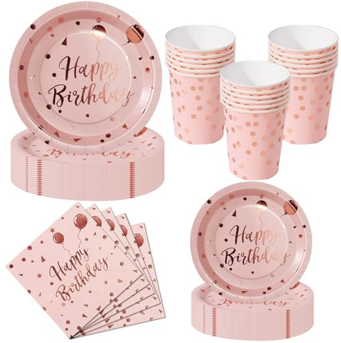 Nkaiso 50 Pcs Pink and Rose Gold Birthday Plates and Napkins Set for 10 | Party Tableware Set with Disposable Paper Plates Cups Napkins - Birthday Dinnerware for Celebrations