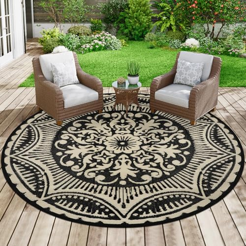 Capslpad Outdoor Teppich Wetterfest, Balkon Teppich, Kunststoff Camping Teppich, Leichtgewicht Picknickdecke, Vorzeltteppich Outdoorteppich für Balkon, Picknick, Camping, Garten, 180 x 180 cm Schwarz