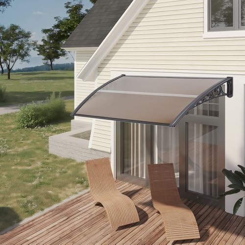 Marquesina para Puertas,Toldo de Entrada Resistente a Impactos, Tejadillo de Protección, con Soporte PP y Perfil de Aluminio, Nieve y Rayos UV,para Balcón o Ventana, 100 * 150 cm - Marrón