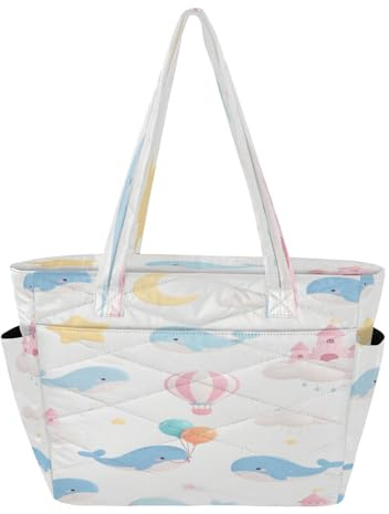 decor gift Bonita bolsa de mano con diseño de ballena azul de dibujos animados para mujer, bolsa de playa con cremallera para viajes diarios con portavasos para compras