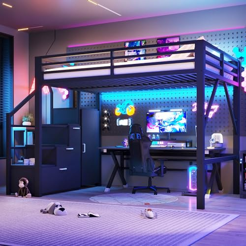 BTM Metall Gaming Hochbett 140x200 mit Kleiderschrank & LED Beleuchtung Hochbett Jugendliche mit Stauraum Treppe, Schwarz
