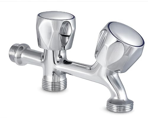 Grifo Doble para Lavadora Lavavajillas y Jardin Laton Cromado Entrada 1/2 con 2 Salidas 3/4 Volantes Metalicos Llave de Paso Doble Control Independiente para Cocinas Lavaderos Terraza Garaje Fregadero