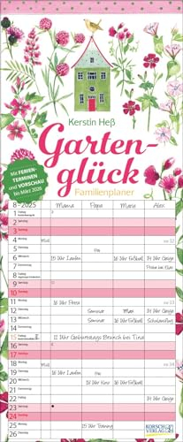 Gartenglück 2025: Familienplaner - 4 große Spalten mit viel Platz. Hochwertiger Familienkalender für Gartenliebhaber mit Ferienterminen und Vorschau bis März 2026. 19 x 46 cm.