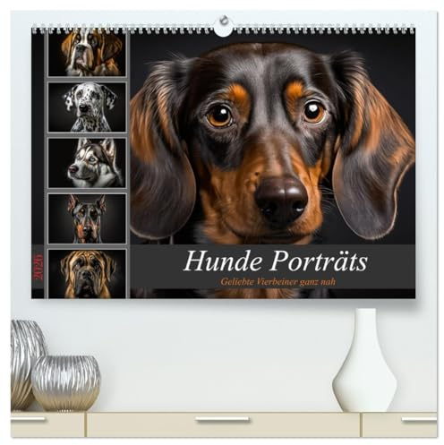 Hunde Porträts (hochwertiger Premium Wandkalender 2026 DIN A2 quer), Kunstdruck in Hochglanz: Zwölf Bilder von beliebten Hunderassen, die mit ihren Blicken die Herzen berühren (CALVENDO Tiere)