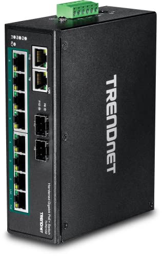 TRENDnet, TI-PG102, Switch industriale Gigabit PoE+ DIN-Rail a 10 porte, 8 porte Gigabit PoE+, 2 slot SFP, budget di potenza PoE da 240 W