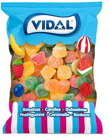 Vidal Golosinas. Parisien Azúcar. Caramelo de goma de sabores surtidos: Piña, Limón, Fresa, Manzana y Naranja. Bolsa de 1 kg.