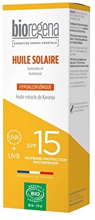Bioregena | Huile Solaire SPF15 bio | Moyenne protection solaire | Peaux légèrement hâlées et mates | Huile de Karanja | Texture sèche | Pénètre rapidement & Ne colle pas | Made in France | 90 ml