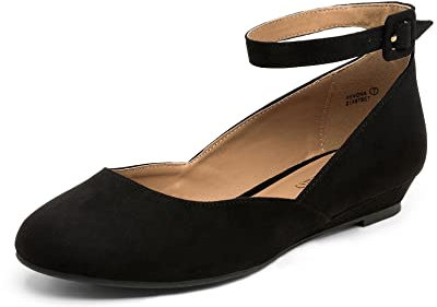DREAM PAIRS Women's Ballet Flats Pumps Ballerina Ankle Strap Elastic Low Wedge Sandals Round Toe Comfy Dolly Shoes,Size 7,Black/Suede,REVONA