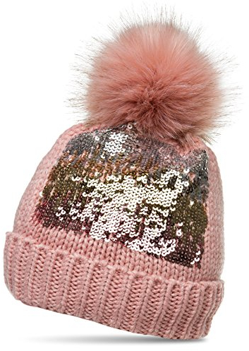 Caspar MU169 Damen Strick Winter Mütze mit Pailletten Dekor und großem Kunstfellbommel, Farbe:altrosa, Größe:One Size